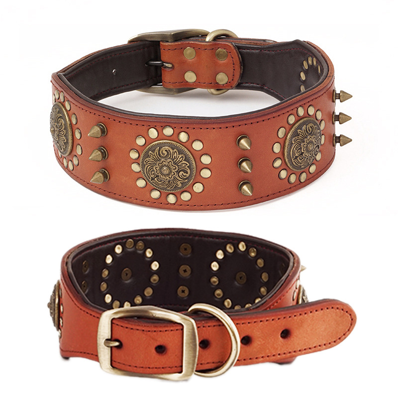 Handmade Genuine Cowhide Leather Dog Collar - Retro Protective Studded Design with Adjustable Sizing (XS-XXL)