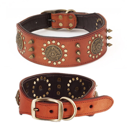 Handmade Genuine Cowhide Leather Dog Collar - Retro Protective Studded Design with Adjustable Sizing (XS-XXL)