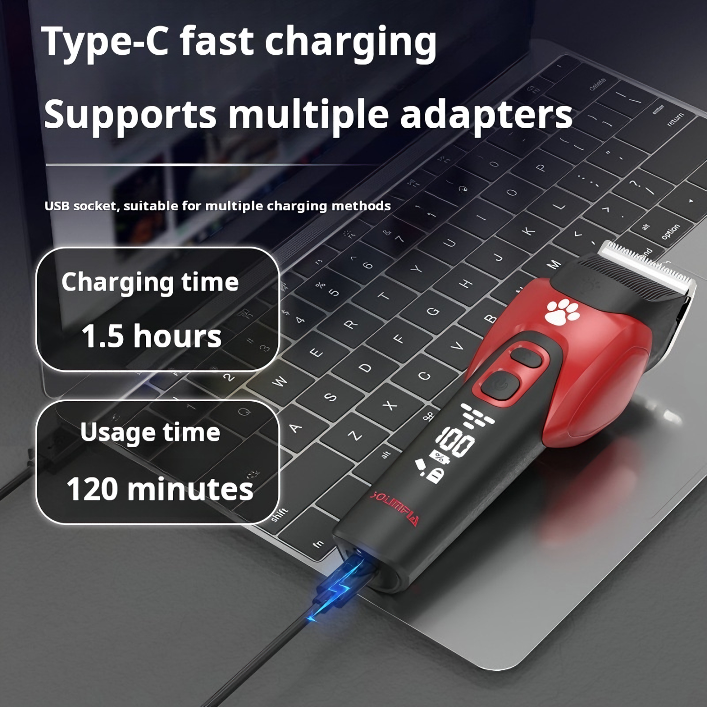Professional Cordless Pet Grooming Clipper with LED Display & Ceramic Blade – 6 Guard Combs, 120 Min Runtime, Type-C/USB Charging 