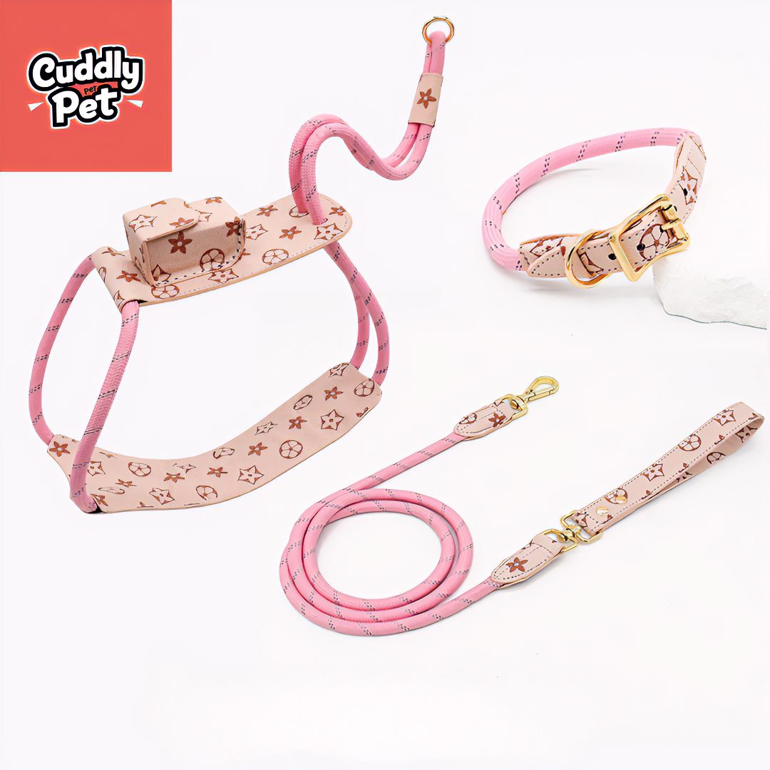 Premium Leather Pet Harness Set with Reflective Strips - Adjustable, Tangle-Proof & Comfortable for Small to Large Dogs  