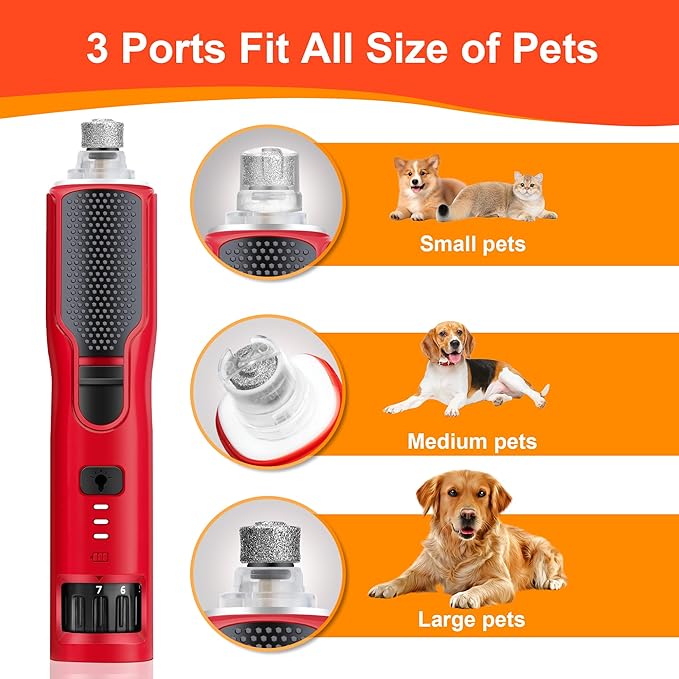 Dog Nail Grinder, 7-Speed with 360°LED Lights,Type-C Rechargeable Super Quiet and Low Vibration Electric, Dog Nail Trimmers for Large Medium Small Pets Cats Paws Grooming (Red)-CUDDLY PET