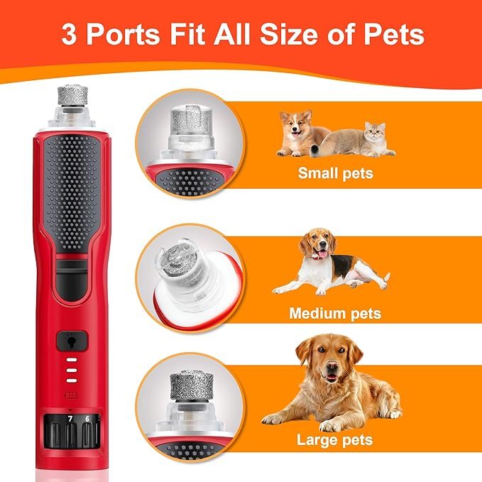 Dog Nail Grinder, 7-Speed with 360°LED Lights,Type-C Rechargeable Super Quiet and Low Vibration Electric, Dog Nail Trimmers for Large Medium Small Pets Cats Paws Grooming (Red)-CUDDLY PET