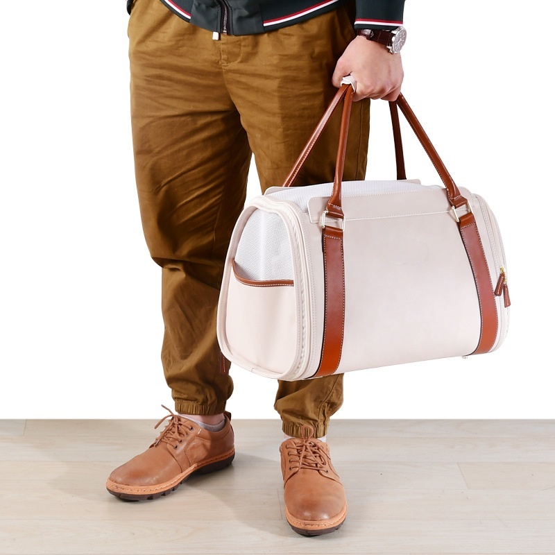 Breathable Leather Pet Travel Bag – Portable Carrier with 3-Side Mesh for Cats & Dogs up to 10kg