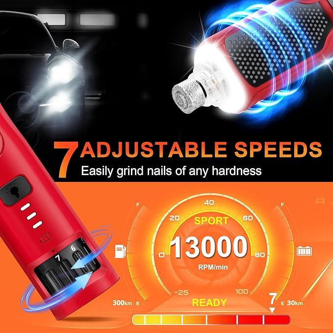 Dog Nail Grinder, 7-Speed with 360°LED Lights,Type-C Rechargeable Super Quiet and Low Vibration Electric, Dog Nail Trimmers for Large Medium Small Pets Cats Paws Grooming (Red)-CUDDLY PET