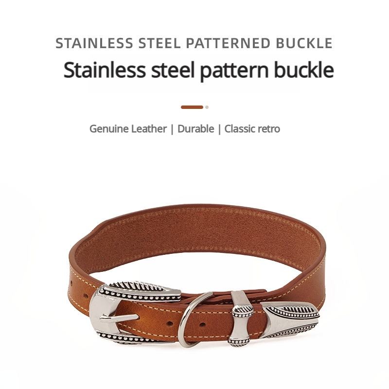 Adjustable Genuine Leather Dog Collar with Alloy Needle Buckle - Stainless Steel Decor, 3.5cm Width (40-52cm)