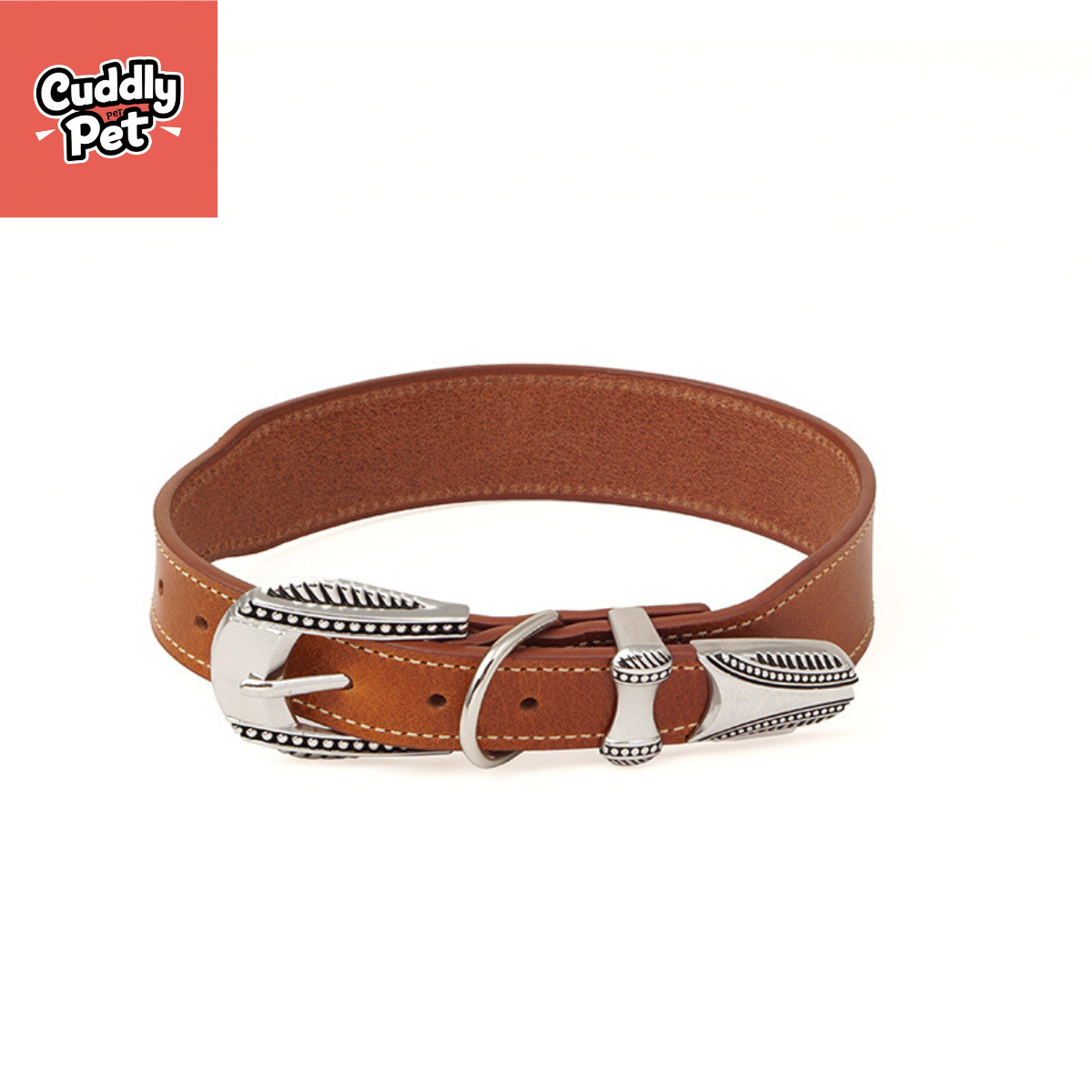 Adjustable Genuine Leather Dog Collar with Alloy Needle Buckle - Stainless Steel Decor, 3.5cm Width (40-52cm)