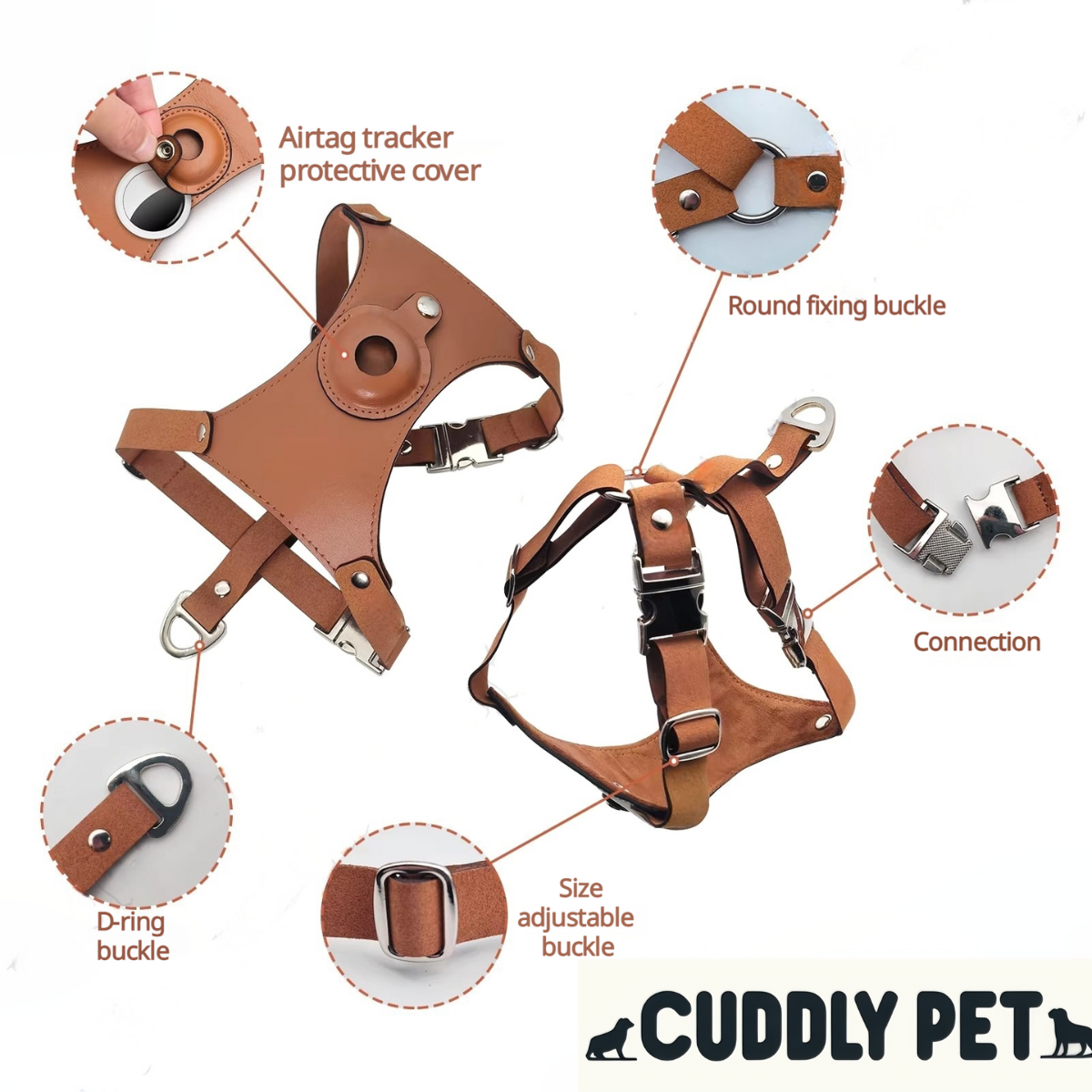 Premium Leather Dog Harness with Hidden AirTag Pocket | Adjustable & Secure | S, M, L