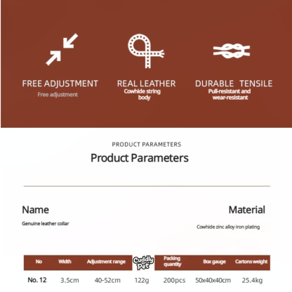 Adjustable Genuine Leather Dog Collar with Alloy Needle Buckle - Stainless Steel Decor, 3.5cm Width (40-52cm)