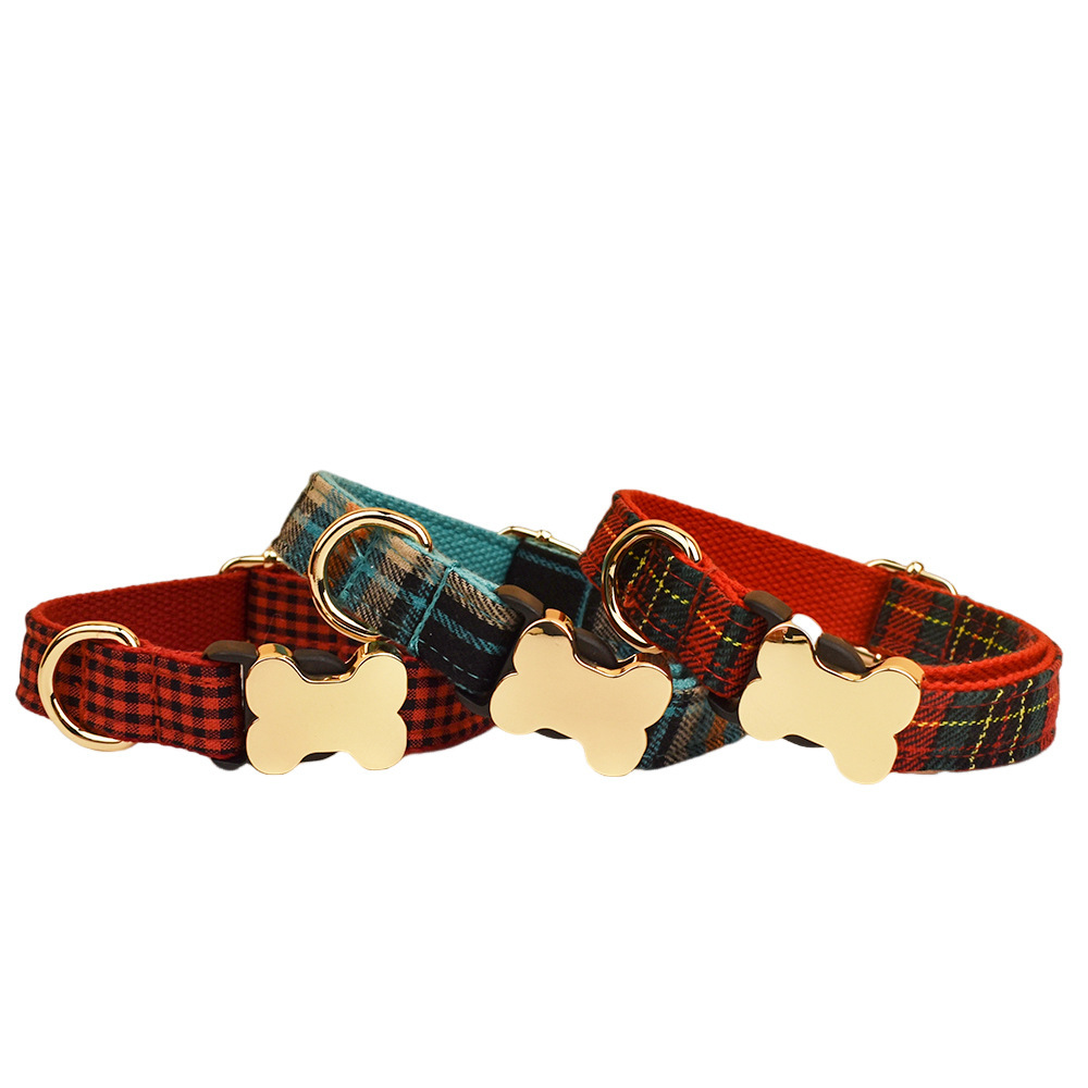 Classic Plaid Collection Bone Buckle Dog Collar – Timeless Style with Personalized Engraving  