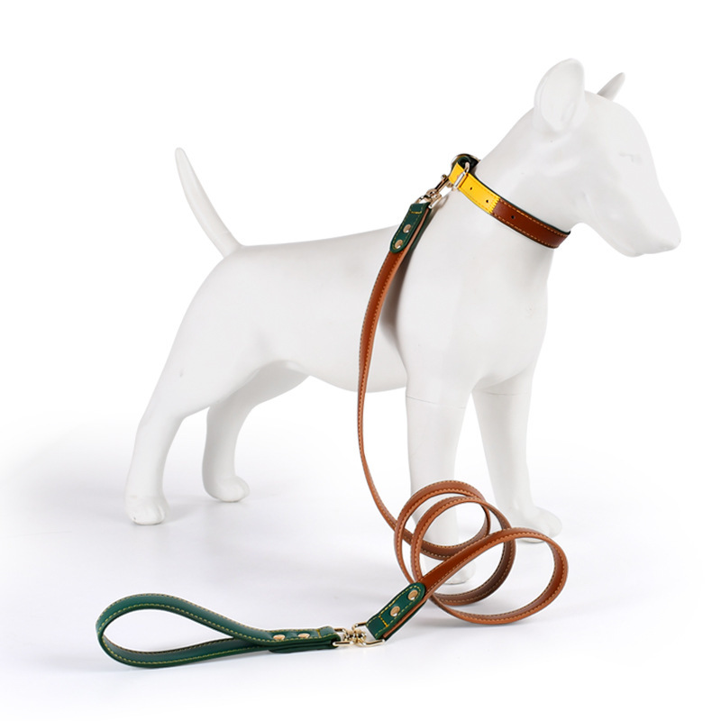 Peacock Series Leather Pet Collar and Leash Set – Handmade, Waterproof, Adjustable for Small to Large Dogs