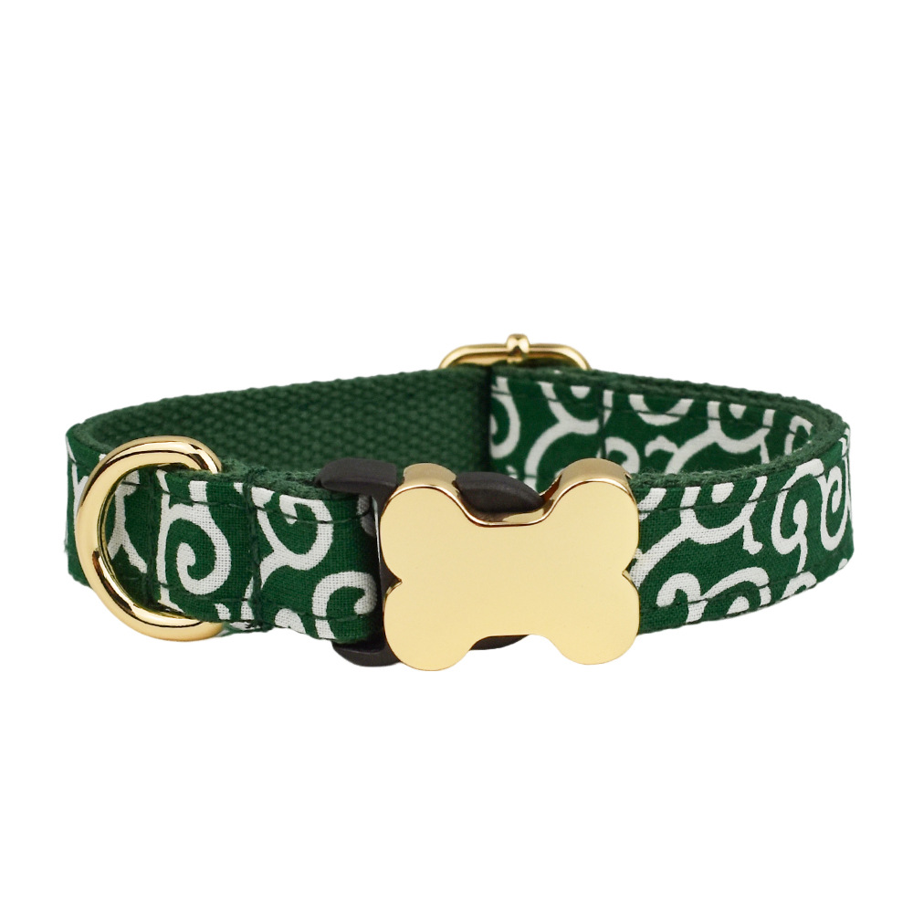 Customizable Bone Buckle Plaid Print Dog Collar - Personalized Engraving, Premium Comfort/Floral Scroll Element