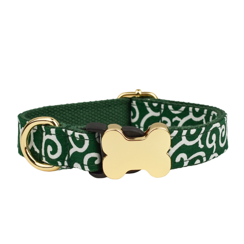 Customizable Bone Buckle Plaid Print Dog Collar - Personalized Engraving, Premium Comfort/Floral Scroll Element