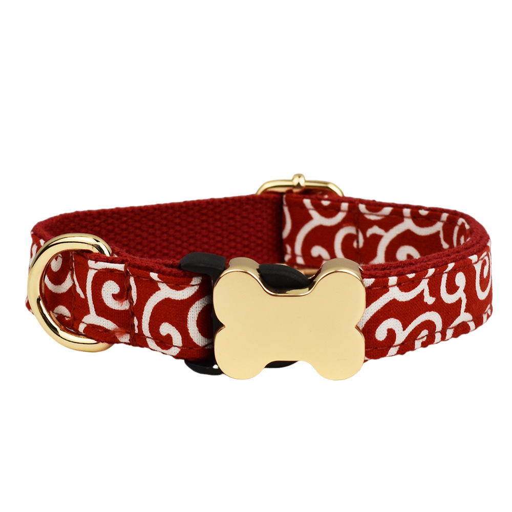 Customizable Bone Buckle Plaid Print Dog Collar - Personalized Engraving, Premium Comfort/Floral Scroll Element