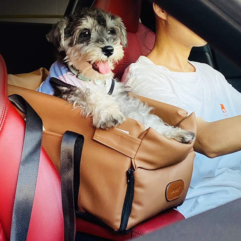 Waterproof Pet Car Seat Bed - Comfortable & Safe Leather Dog Car Bed with Anti-Escape Buckle, Adjustable Strap (Coffee, Orange, Black)