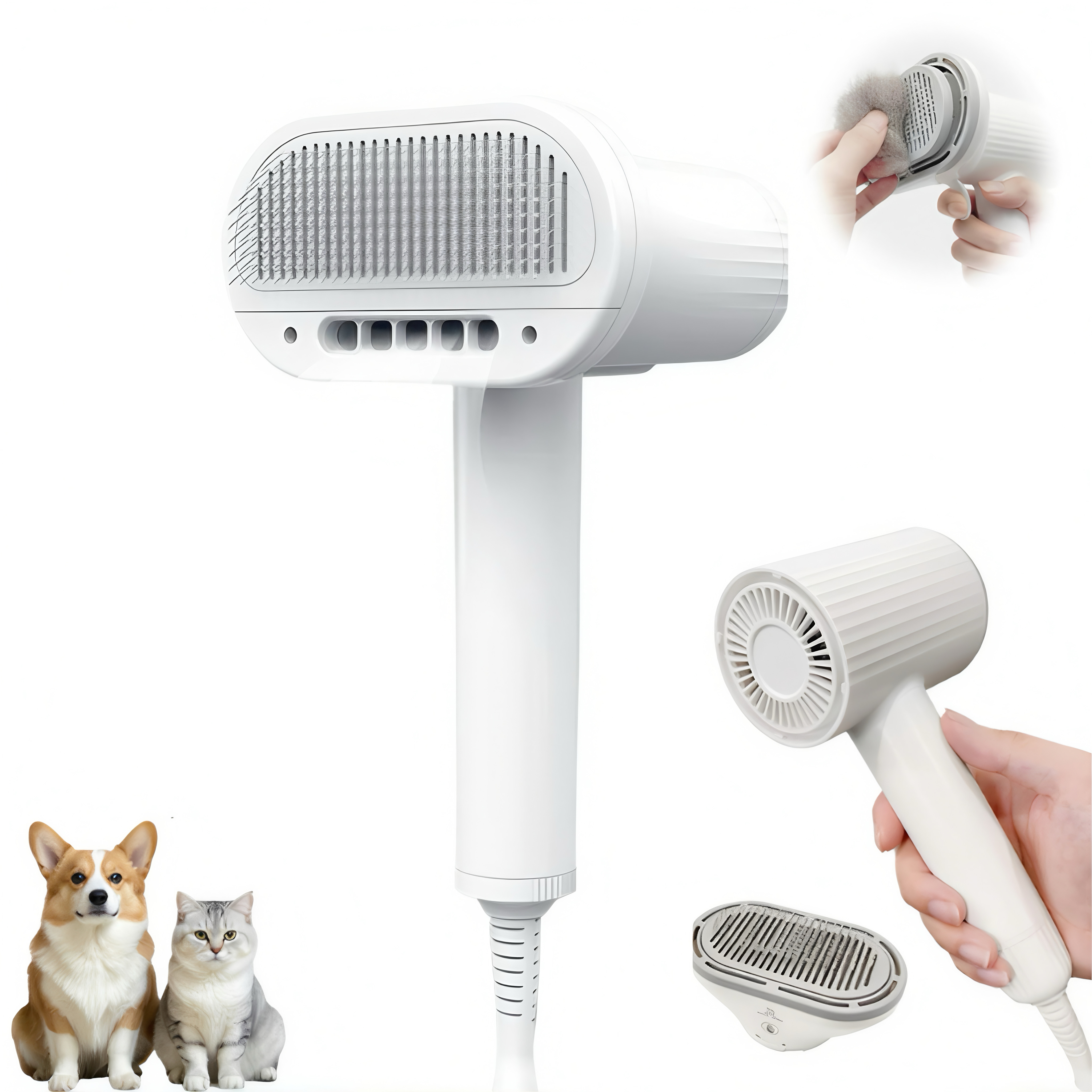 2-in-1 Pet Blower & Brush - Low Noise, 3 Heat Settings, Gentle Drying & Detangling for Dogs & Cats | CuddlyPet