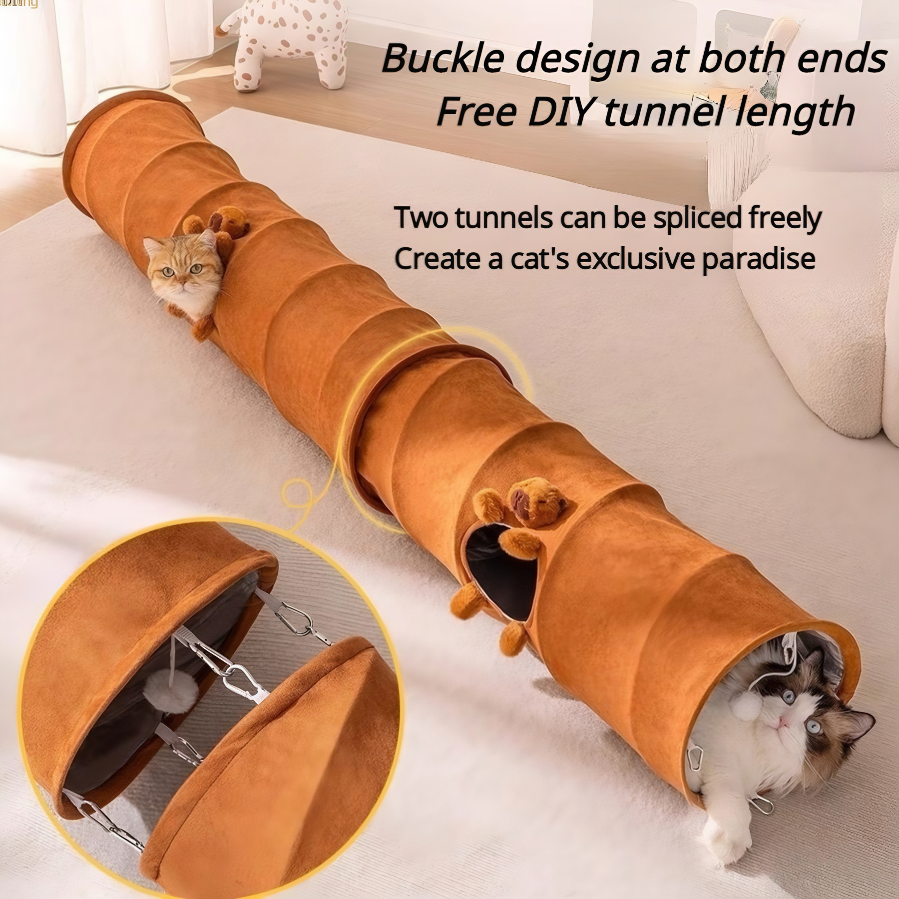 CuddlyPet Foldable Cat Tunnel - Large Scratch Proof Suede Tube with Multi-Entrance, Toys & Buckles for Indoor Cats