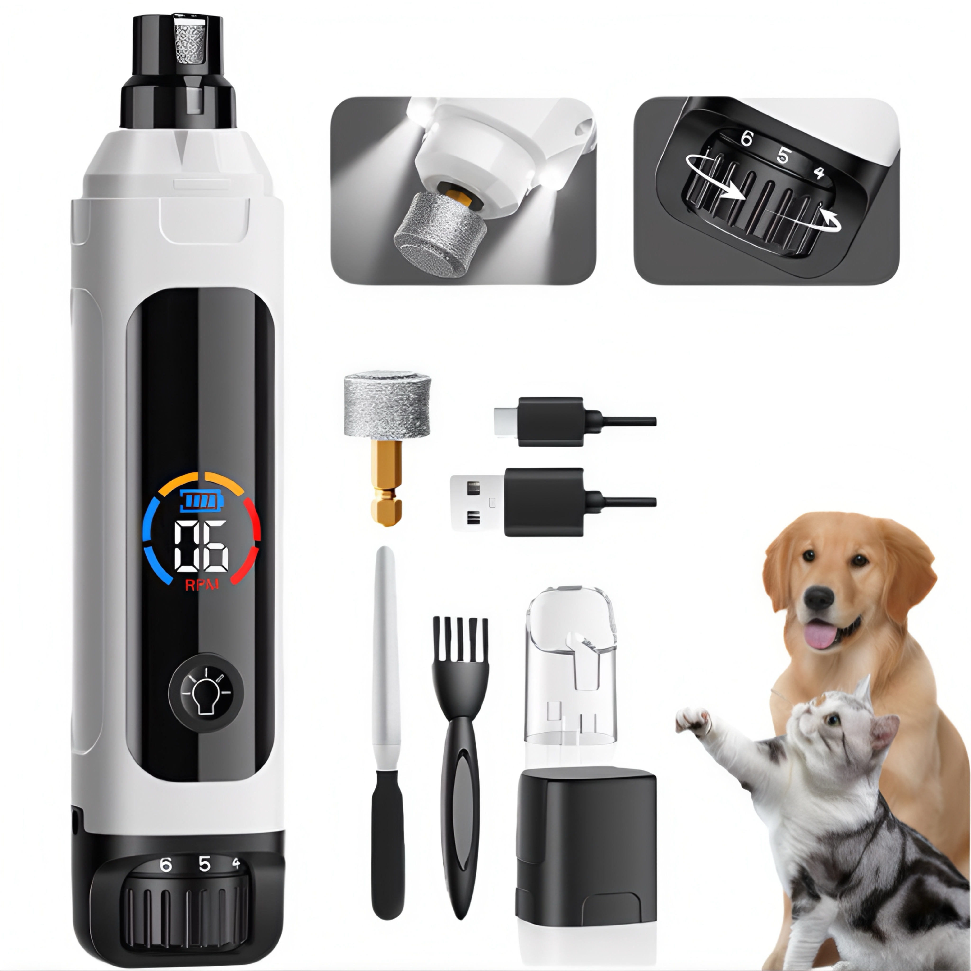 Professional Pet Nail Grinder – 6-Speed Adjustable, Ultra-Quiet, LED Bloodline Light, LCD Display  