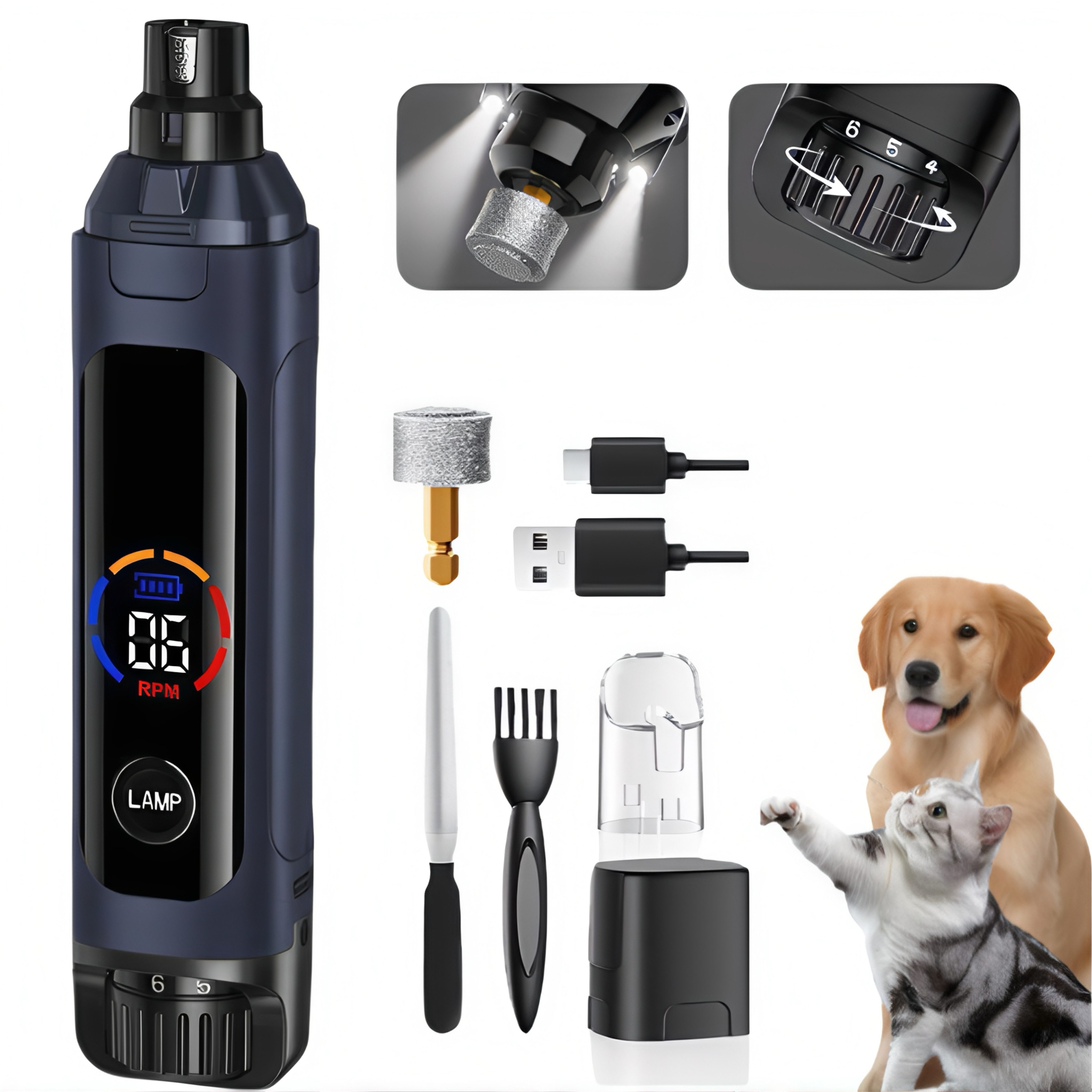 Professional Pet Nail Grinder – 6-Speed Adjustable, Ultra-Quiet, LED Bloodline Light, LCD Display  