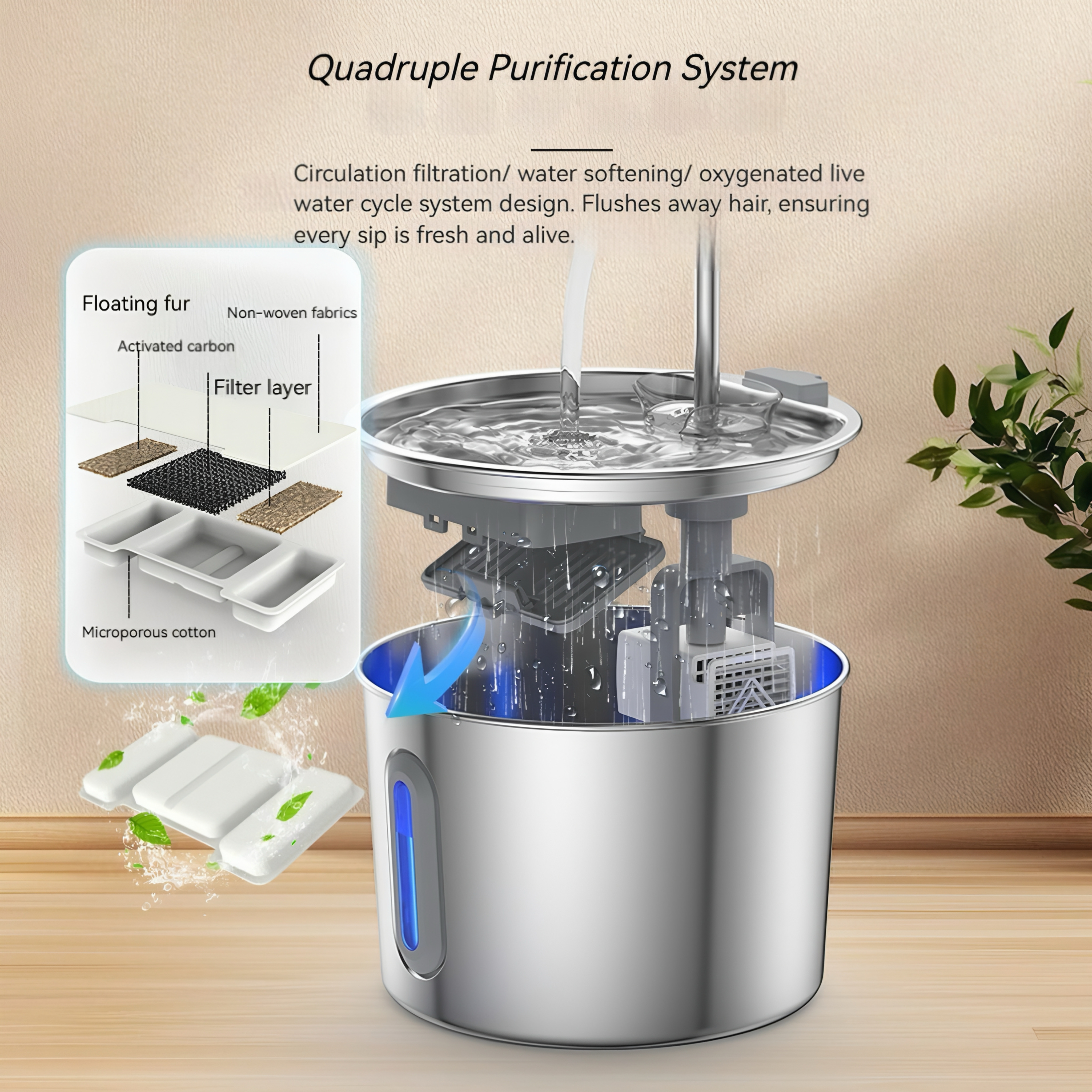 Automatic Cat Water Fountain, 2.2L Stainless Steel, Multi-Stage Filtration, Ultra-Quiet Pump – CuddlyPet