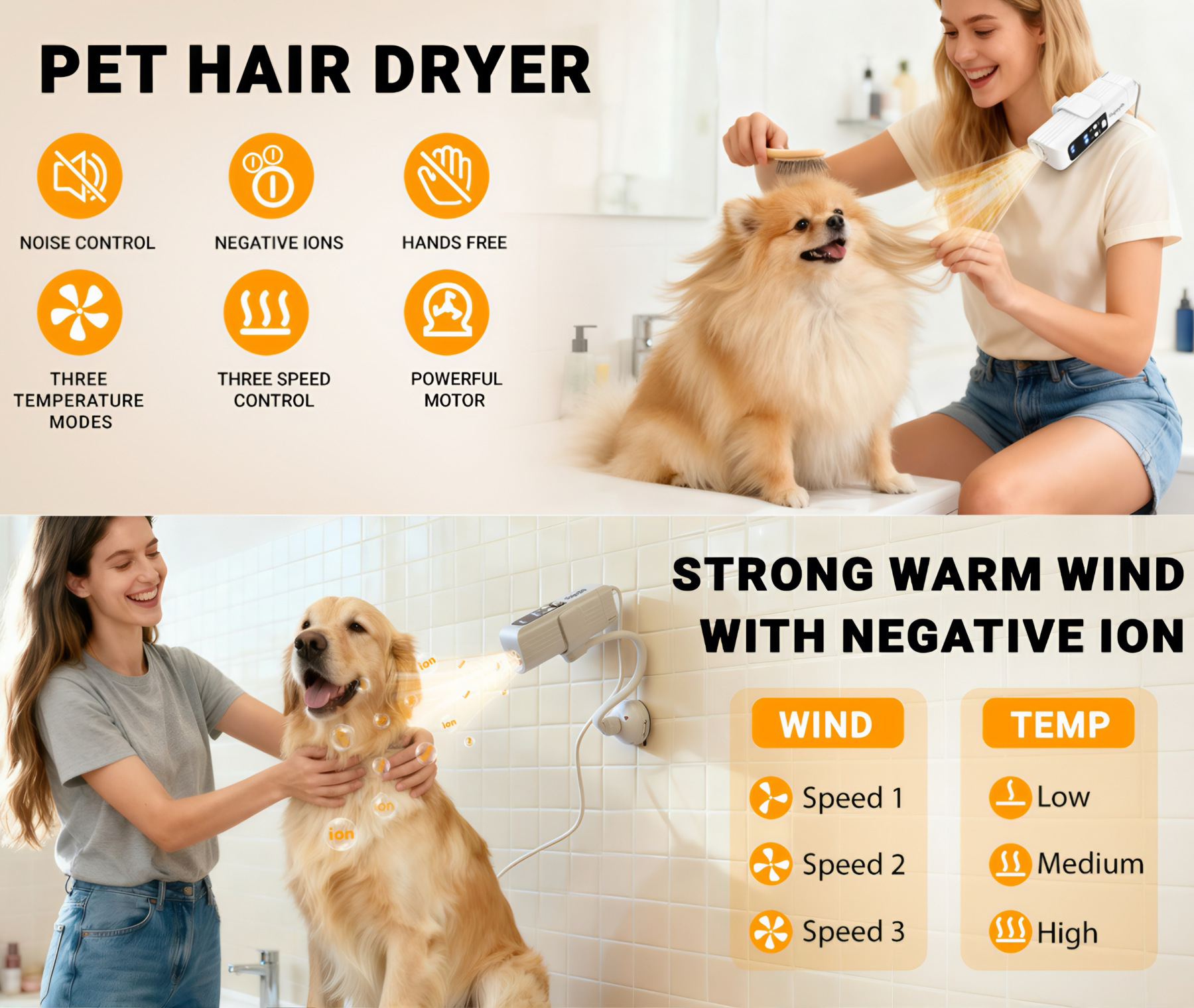 Hands-Free Neck Hanging Pet Dryer & Groomer - 1000W Powerful, 3-Temp/Speed, Ultra-Light 0.9lb, Quiet with Negative Ions