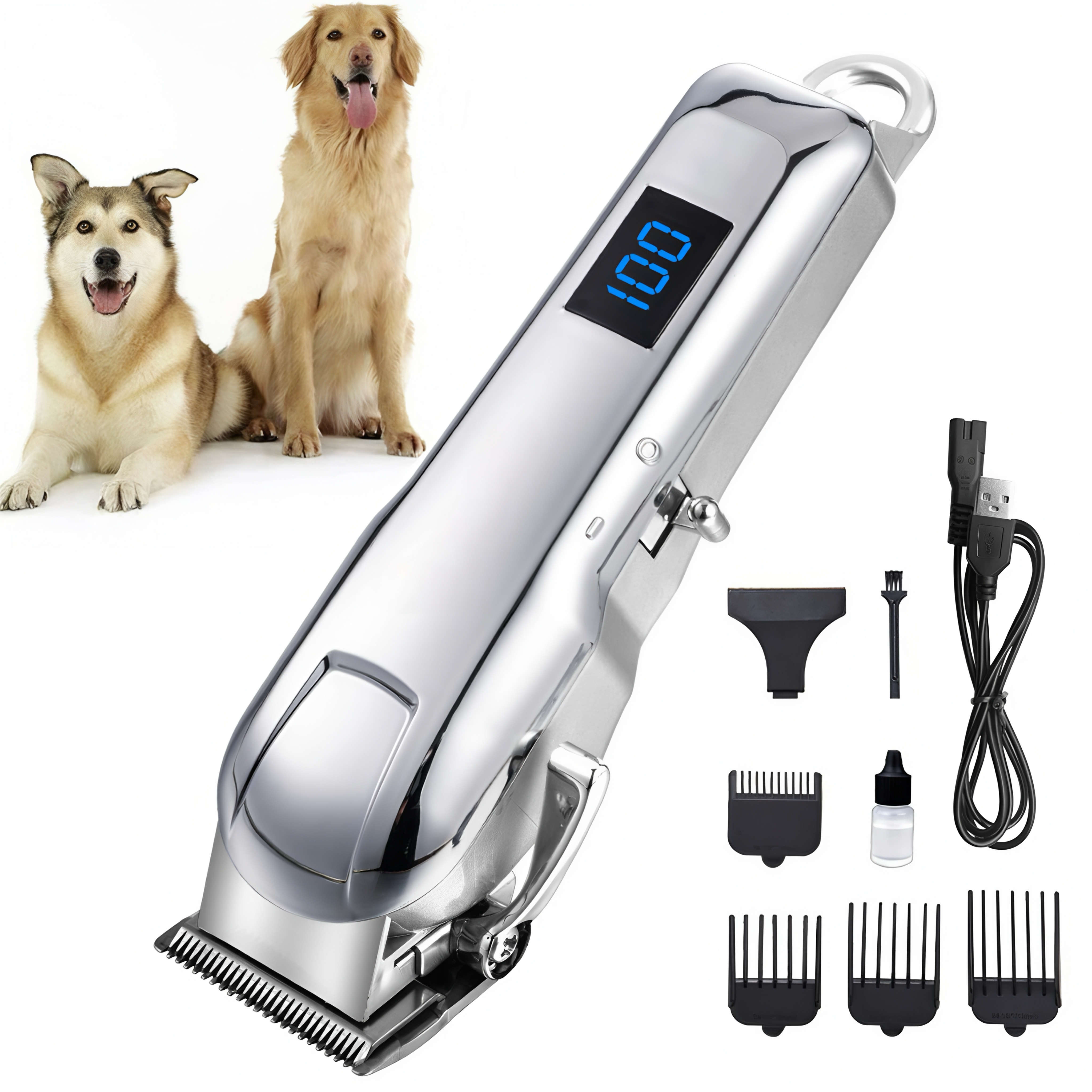 Professional Dog Grooming Clippers Kit - Quiet Cordless Rechargeable Clippers with LCD, 4 Guide Combs & Steel Blade for Cats & Dogs | CuddlyPet