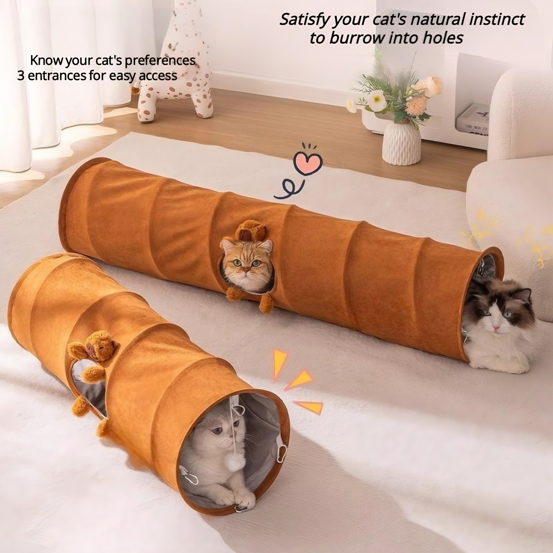 CuddlyPet Foldable Cat Tunnel - Large Scratch Proof Suede Tube with Multi-Entrance, Toys & Buckles for Indoor Cats