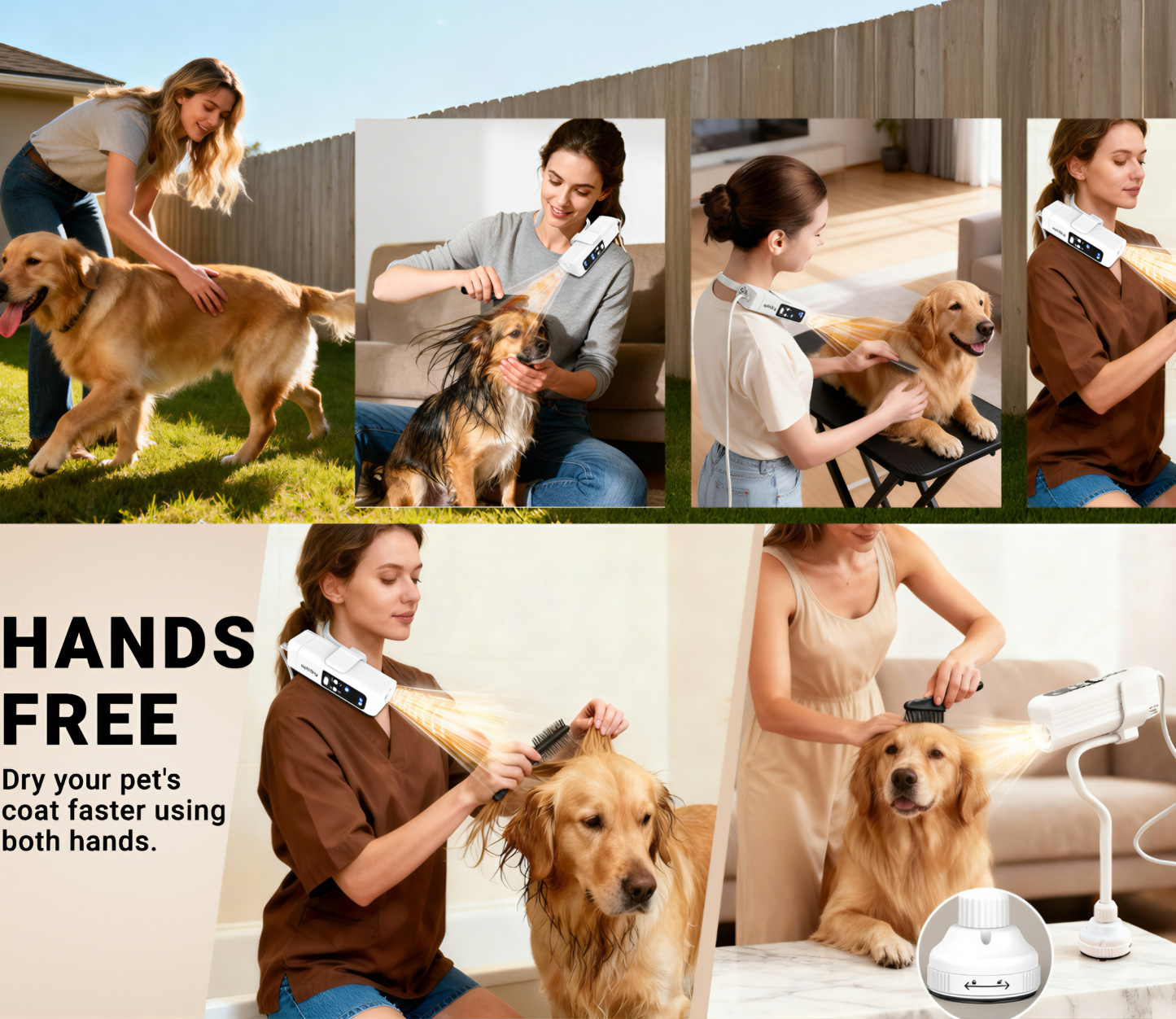 Hands-Free Neck Hanging Pet Dryer & Groomer - 1000W Powerful, 3-Temp/Speed, Ultra-Light 0.9lb, Quiet with Negative Ions