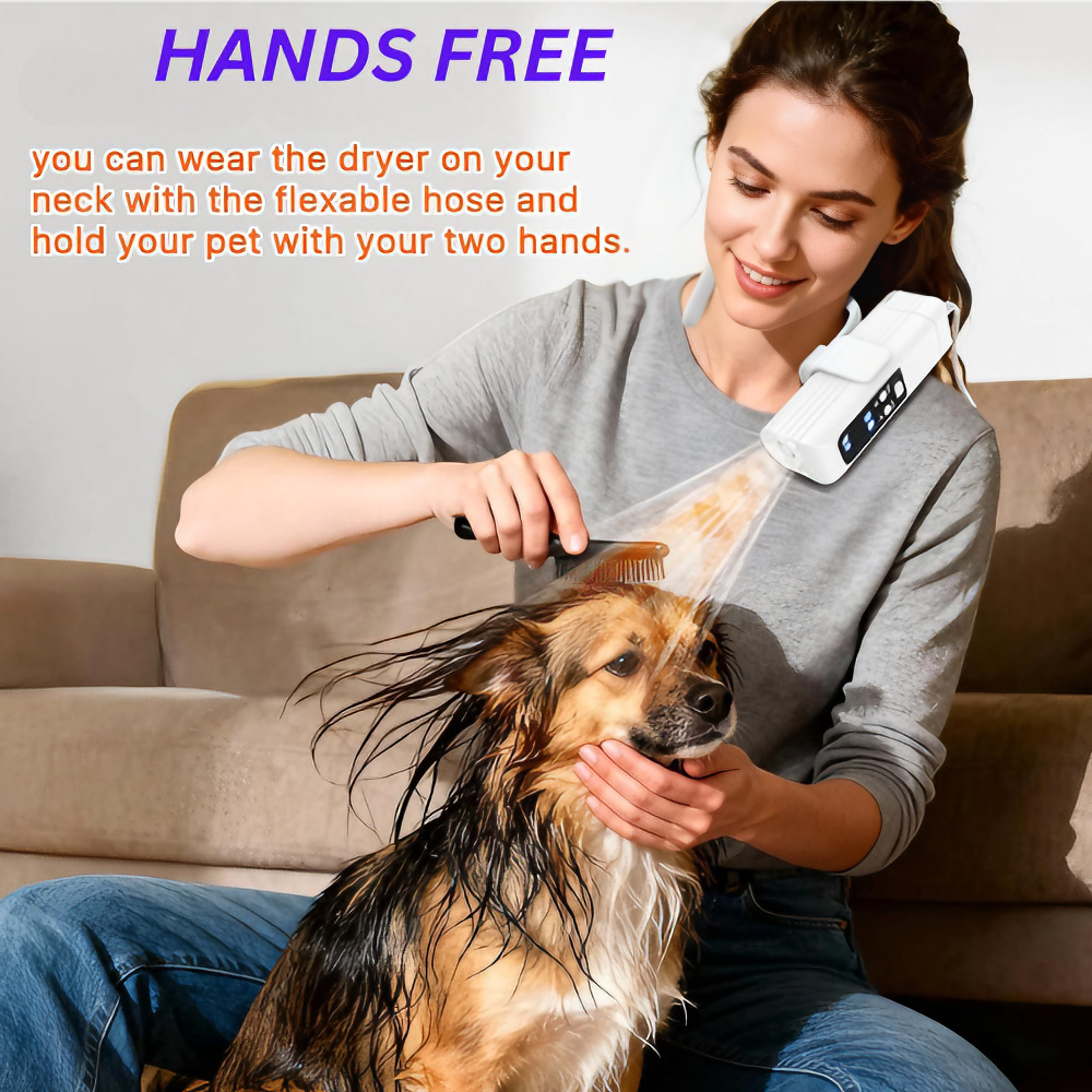 Hands-Free Neck Hanging Pet Dryer & Groomer - 1000W Powerful, 3-Temp/Speed, Ultra-Light 0.9lb, Quiet with Negative Ions