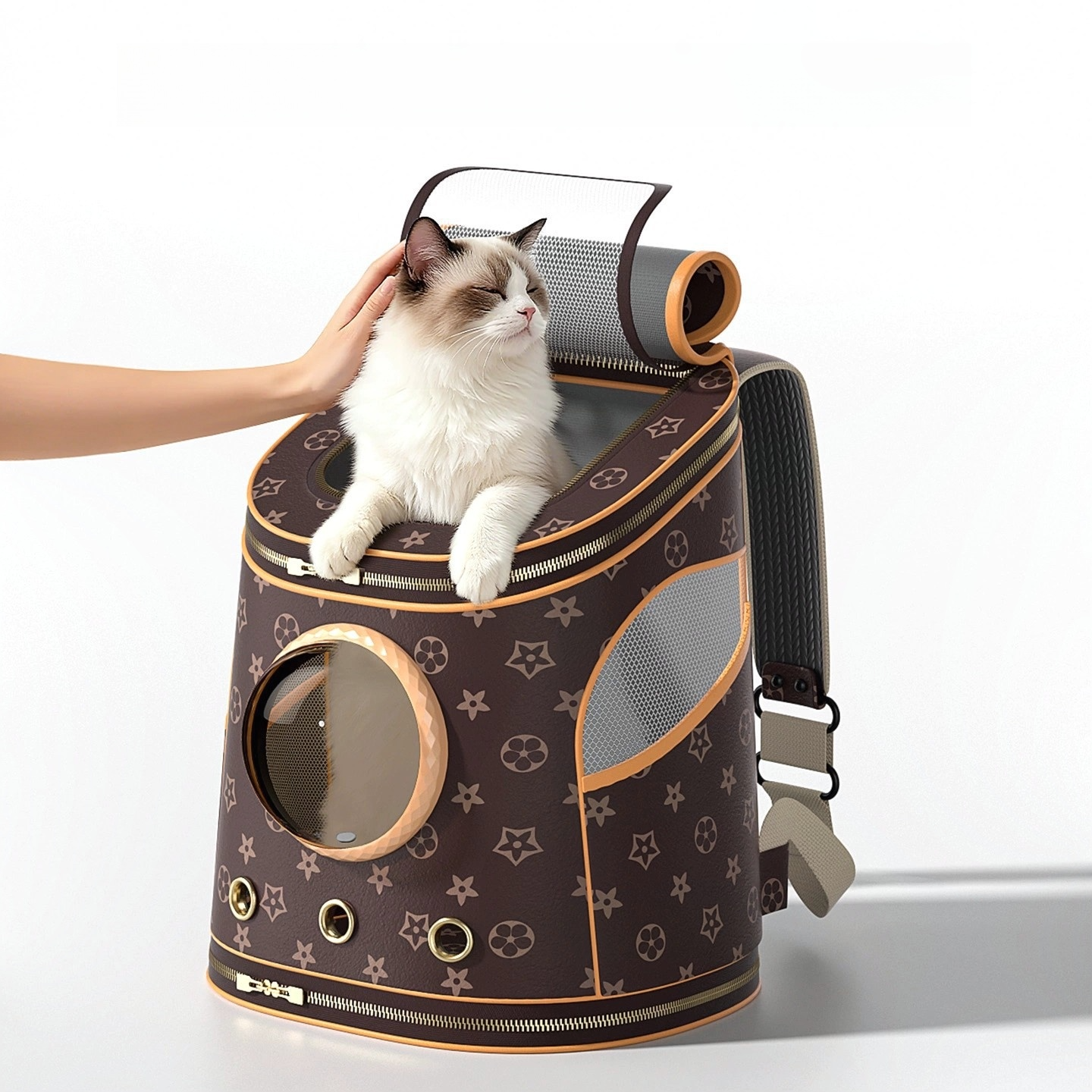 Luxury Leather Cat Backpack Carrier - 3-Side Ventilation, Spacious & Escape-Proof, Hands-Free Travel for Pets Up to 15lbs