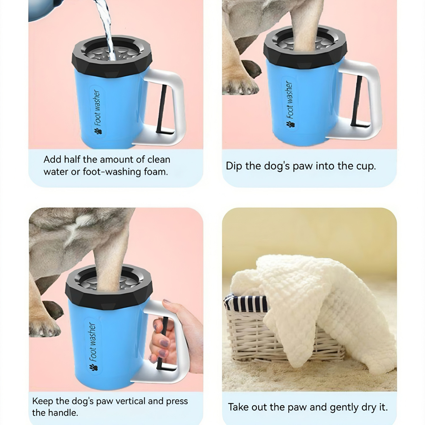 CuddlyPet Hand-Press Rotating Paw Washer Cup | 360° Deep Clean for Dog & Cat Feet | Food Grade Silicone Brush | Easy to Use & Clean (White/Blue/Pink)