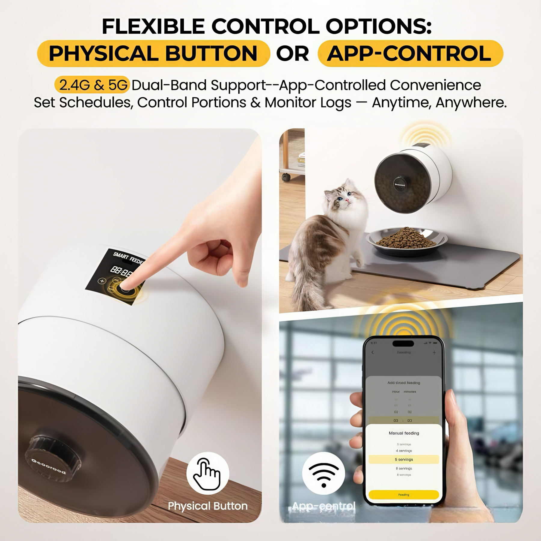 CuddlyPet Wall-Mounted Smart Pet Feeder: Anti-Jam, App Control, Dual Power, Easy Clean