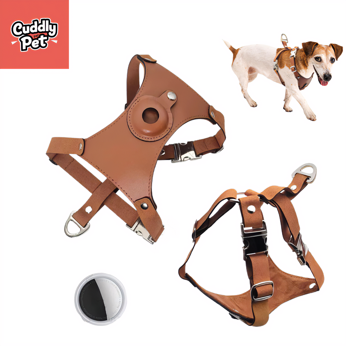 Premium Leather Dog Harness with Hidden AirTag Pocket | Adjustable & Secure | S, M, L