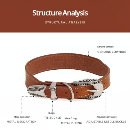 Adjustable Genuine Leather Dog Collar with Alloy Needle Buckle - Stainless Steel Decor, 3.5cm Width (40-52cm)