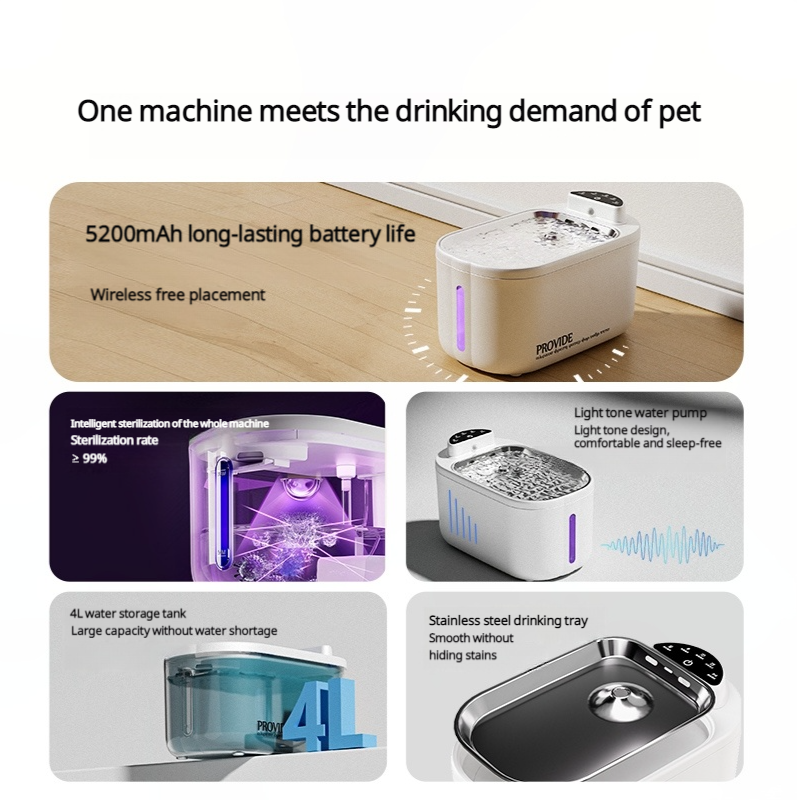 Wireless Smart Pet Water Fountain with UV Sterilization, 4L Large Capacity, 5200mAh Battery, Stainless Steel Tray for Cats and Dogs