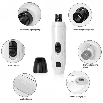 Ultra-Quiet LED Pet Nail Grinder with 2 Speeds - Safe Claw Trimming for Dogs & Cats, Type-C Rechargeable