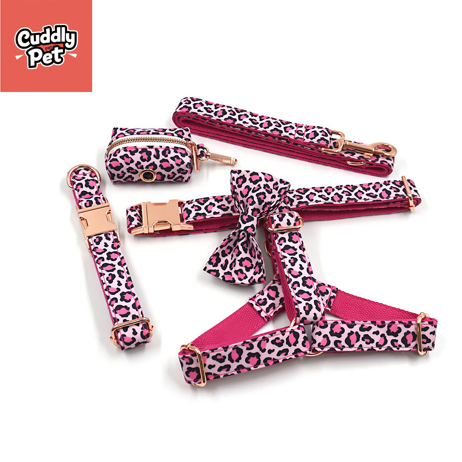 Custom Laser-Engraved Dog Collar Set | Anti-Lost Leopard Print Harness Kit | CUDDLY PET