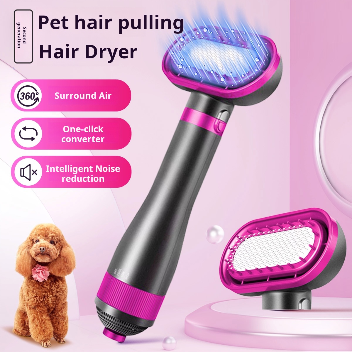 Hair Dryer Brush for Small/Medium Dog & Cat, 2 in 1 Pet Grooming Dryer, 2 Heat Settings & 3 Adjustable Blowing Dryer-CUDDLY PET