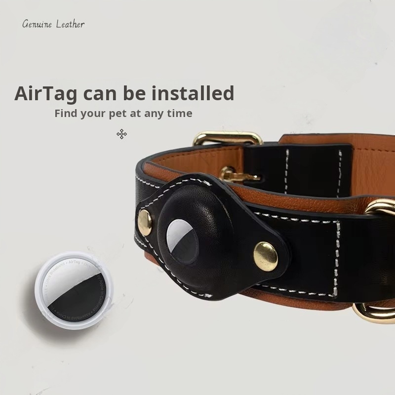 Genuine Leather Dog Collar with AirTag Holder | No Monthly Fee | Apple Find My Compatible | Prop 65 Compliant