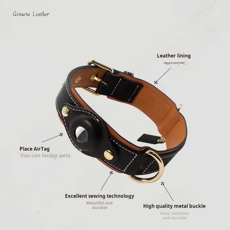 Genuine Leather Dog Collar with AirTag Holder | No Monthly Fee | Apple Find My Compatible | Prop 65 Compliant