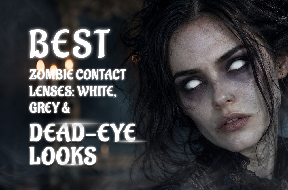 Zombie contacts create lifeless, infected, and undead eye effects. White lenses are dramatic, while grey lenses look more realistic.