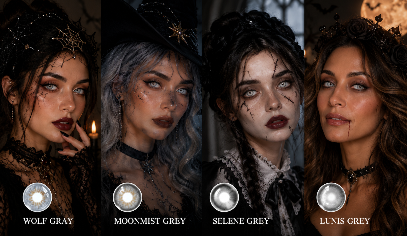 GleGlow grey colored contacts for Halloween featuring Wolf Gray, Moonmist Grey, Selene Grey and Lunis Grey