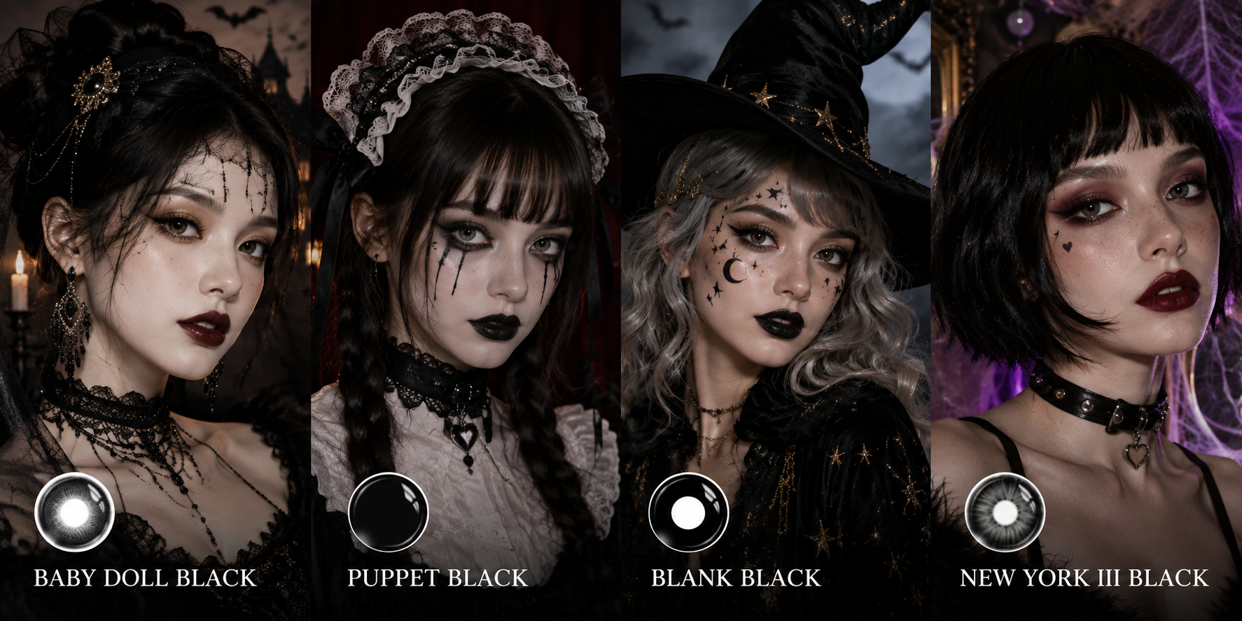 GleGlow black Halloween contact lenses featuring Baby Doll Black, Puppet Black, Blank Black and New York III Black