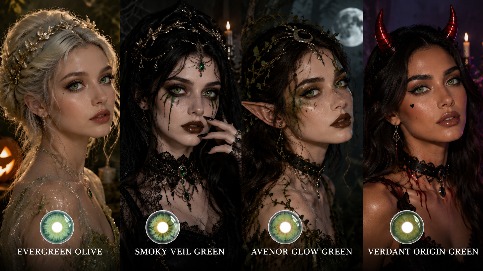 GleGlow green colored contacts for Halloween featuring Evergreen Olive, Smoky Veil Green, Avenor Glow Green and Verdant Origin Green