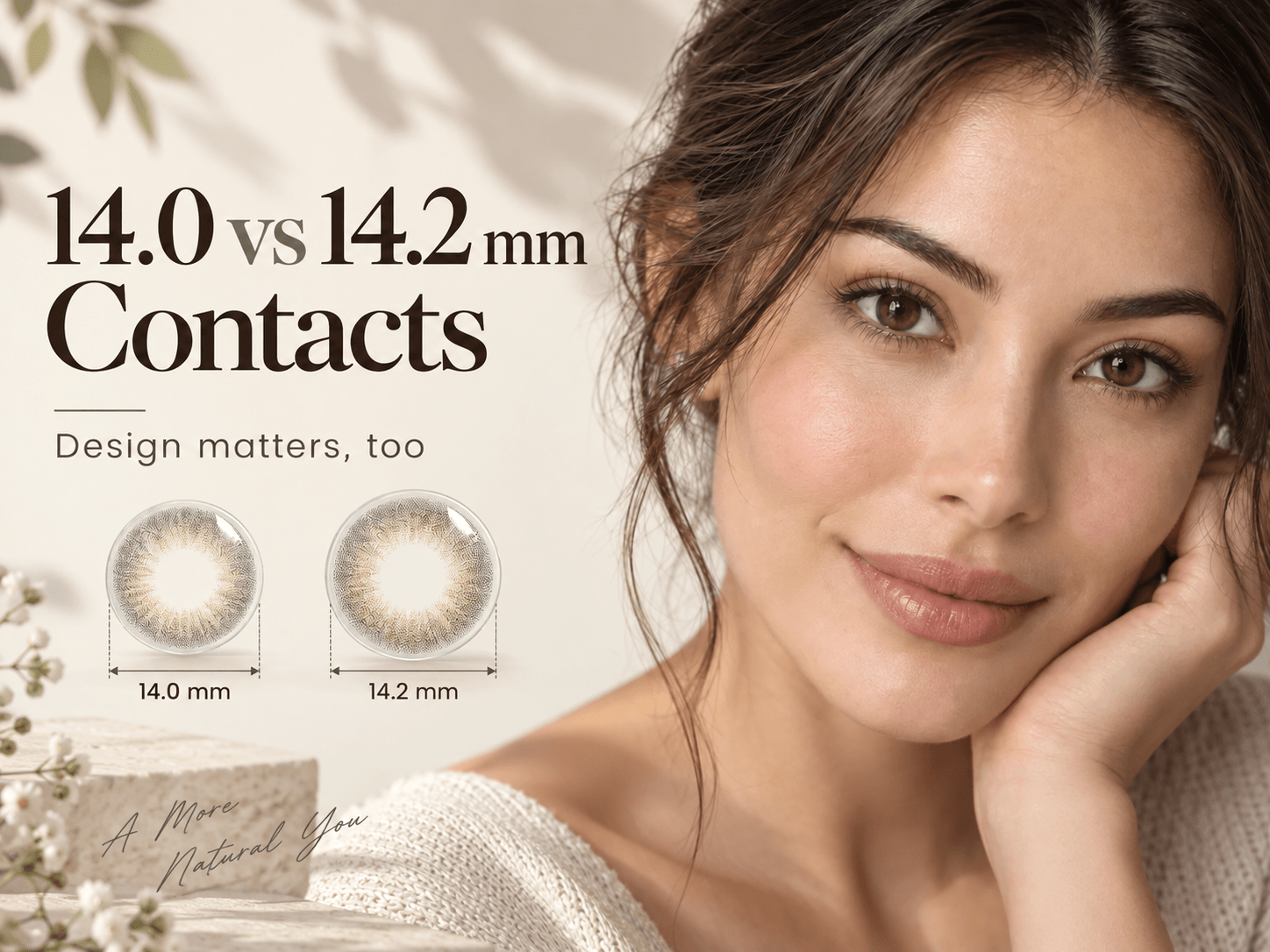 Editorial portrait beside conceptual lens circles with the title 14.0 vs 14.2 mm Contacts