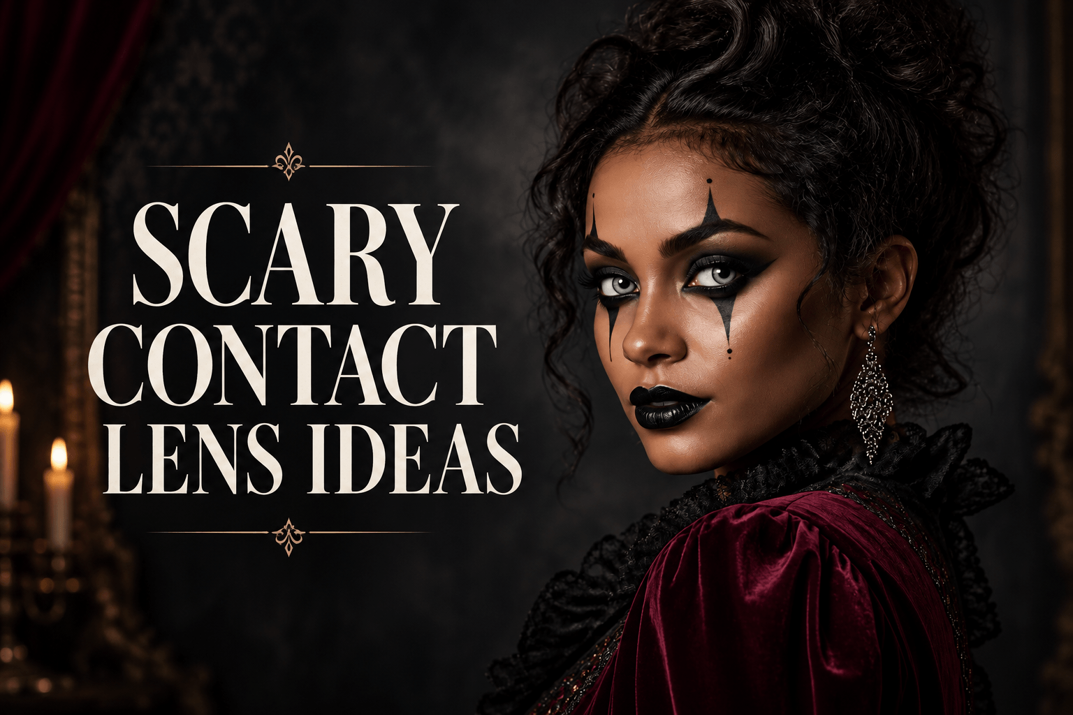 Theatrical Halloween makeup with dramatic decorative contact lens styling against a dark backdrop
