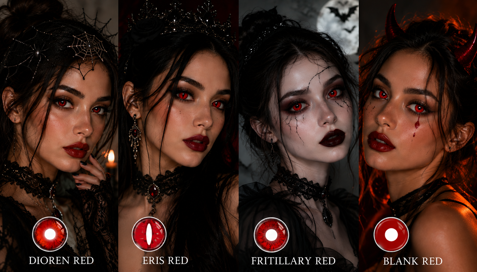 GleGlow red colored contacts for Halloween featuring Dioren Red, Eris Red, Fritillary Red and Blank Red