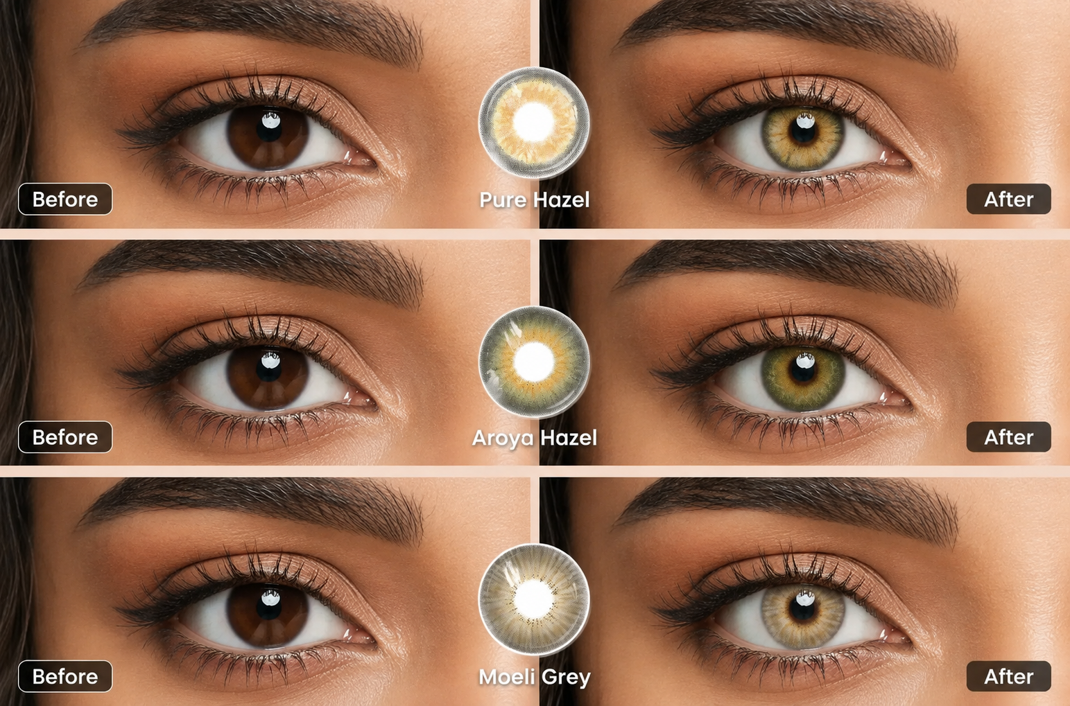 Pure Hazel, Aroya Hazel, and Vaelis Hazel contacts before and after on dark brown eyes