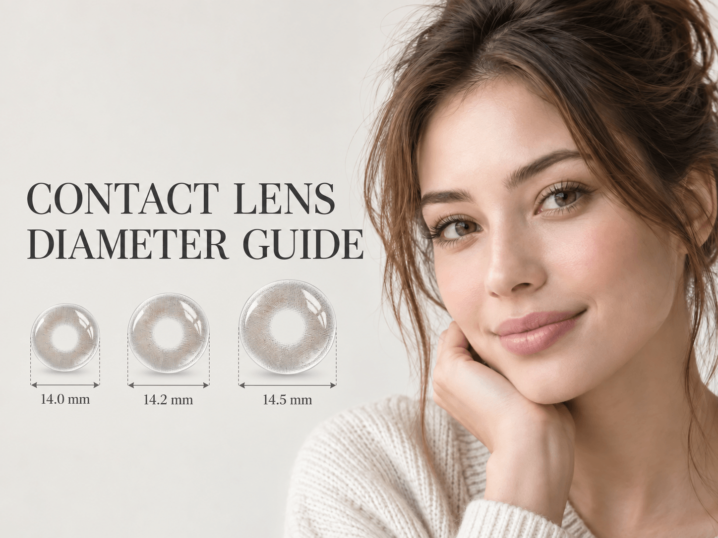 Editorial portrait with a subtle contact lens size comparison and the text Contact Lens Diameter Guide