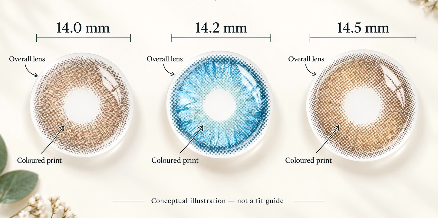 Educational flat lay illustrating 14.0, 14.2, and 14.5 millimetre colored contact lens diameter concepts