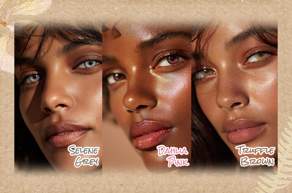 GleGlow colored contact lenses showing selene grey, truffle brown and hazel shades